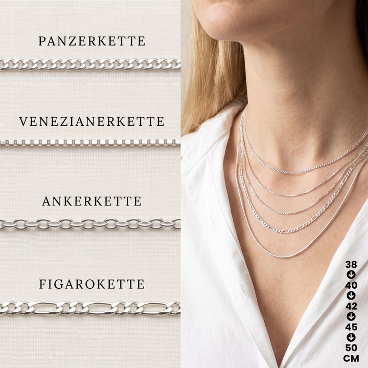 Kettenarten und Längen von HitSchmuck, Panzerkette, Venezianerkette, Ankerkette und Figarokette in 38 bis 50 cm