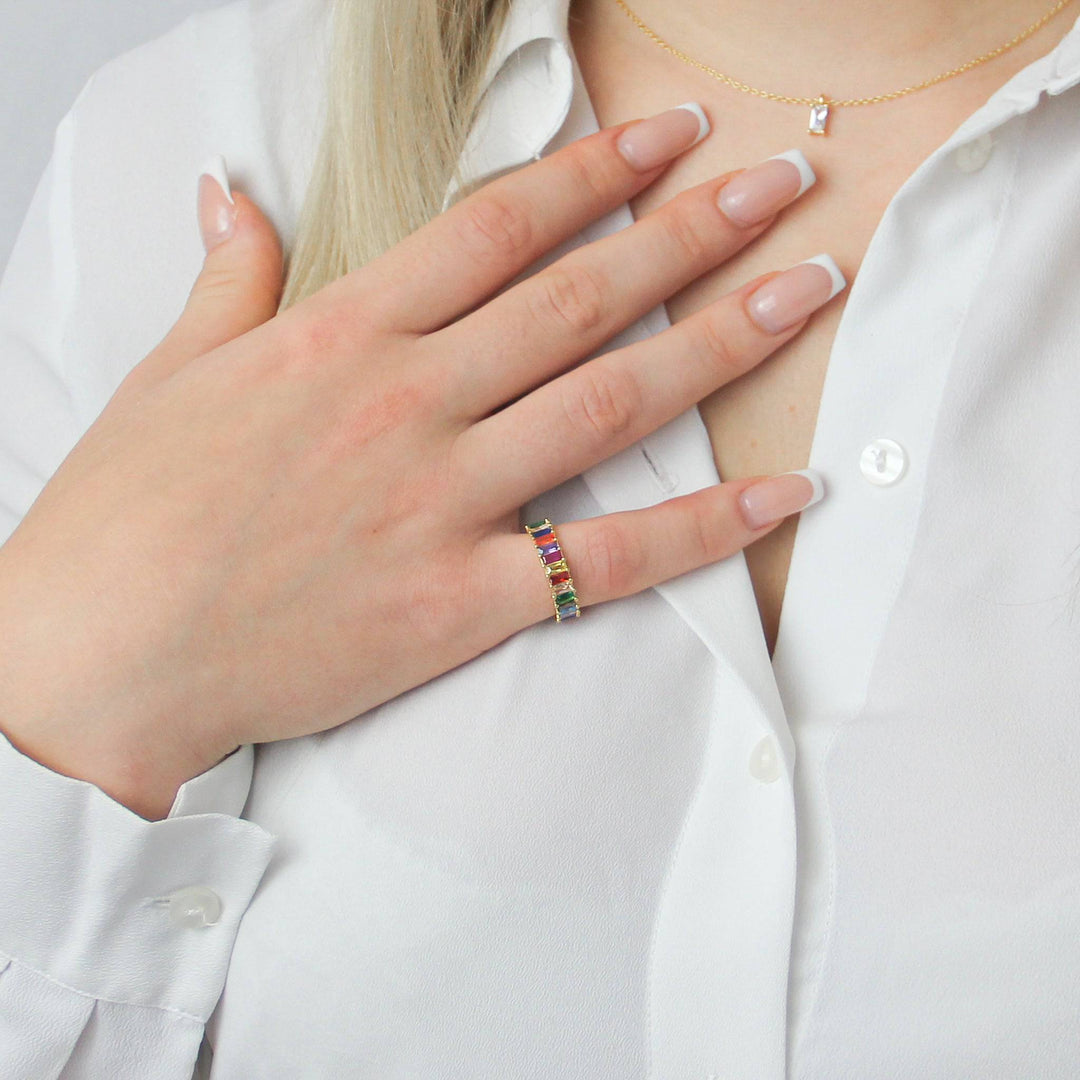 925 Sterlingsilber vergoldet Damen Baguette Ring bunt